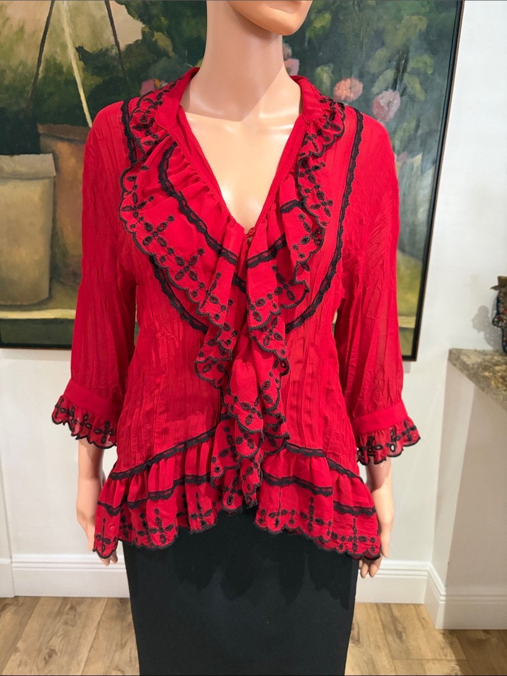 Studio 1940 vintage red ruffled blouse with black eyelet trim